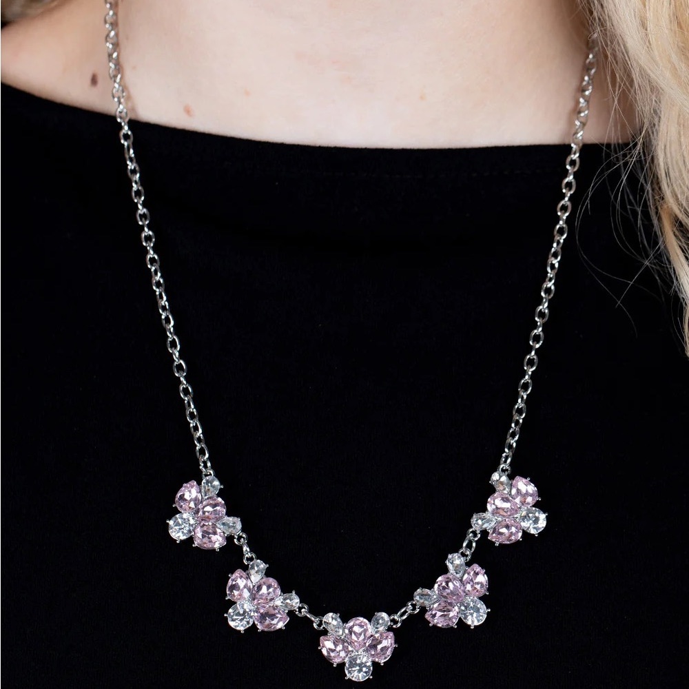 NEW Pink & Silver Diamond Rhinestone Flower Necklace & Earrings Fashion Jewelry